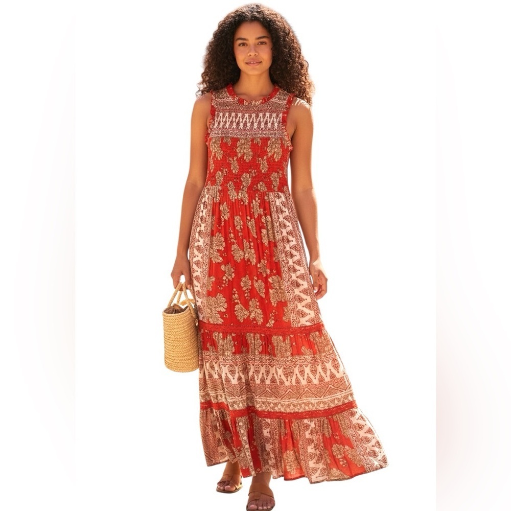 Versona Smocked Modal Floral Full Length Tiered Maxi Dress Orange Women’s Small